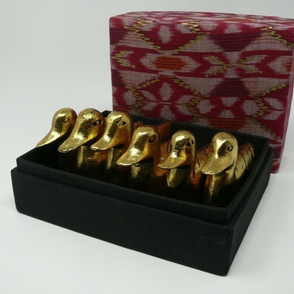 Napkin Rings Gold Ducks Carved Wood Boxed Set of Six Bali - Picture 3 of 8